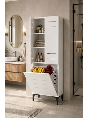 Avmpark Miero Düşer Kapaklı Kirli Sepetli Banyo Dolabı Çok Amaçlı Raflı Çamaşır Dolabı 180X60X42 cm