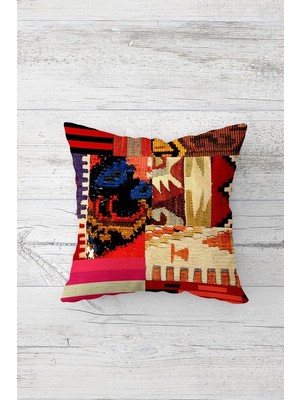 AKS Pelangi Etnik Kilim Motifli Patchwork Çift Taraflı Gizli Fermuarlı Yastık Kılıf Kırlent Koltuk Yastık Kılıfı, Bej-Bordo 45 x 45