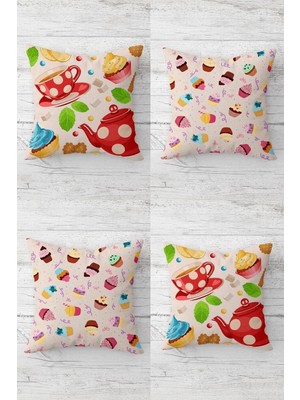 AKS Pelangi Fincan Cupcake Desenli Gizli Fermuarlı Kırlent Kılıfı Koltuk Yastık Kılıfı TAKIM(4ADET), Açık Pembe 45 x 45