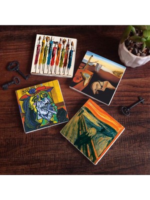 Pinecone Stone Salvador Dalí Belleğin Azmi, Picasso Ağlayan Kadın, Çığlık, Yerli Kadınlar Taş Bardak Altlığı Seti - 4 Parça - Dekoratif, Rustik Mutfak Aksesuarı, 10X10 Cm, Kaydırmaz Tabanlı SC323