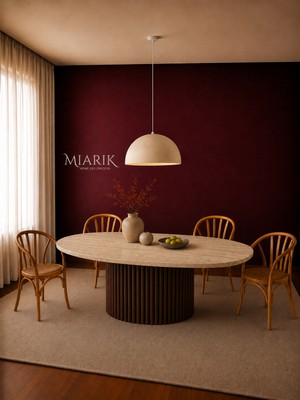 Miarik Design Elipse- Ahşap Ayak Traverten Mermer Yemek Masası