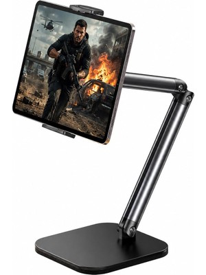 AKS Coverzone Tablet Standı Alüminyum Alaşım Gövde 50,9 cm Yükseklik Ayarlı 3 Eksenli Dönebilen Masaüstü Tablet Tutucu Silikon Korumalı Ağır Tabanlı Kararlı Destek Standı | Jopree X69