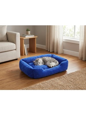 AKS Brt Pet Premium Dikdörtgen Peluş Kedi Yatağı ve Küçük Irk Köpek Yatağı - 60X45 Cm, Mavi