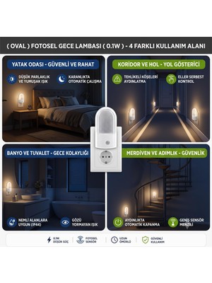 AKS Oval Fotosel Gece Lambası 0.1W Sensörlü Otomatik Prizli