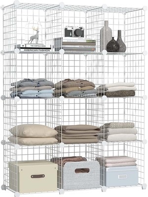 AKS 12 Bölmeli Beyaz Renk Metal Tel Portatif Organizer Oyuncak Dolabı Kitaplık Raf Elbise Dolabı