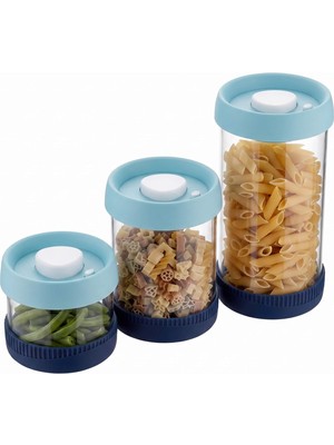 AKS Vip Ahmet Yuvarlak Vakumlu Cam Saklama Kabı, 3'lü Set Mavi (450 ML+840 ML+1500 Ml)