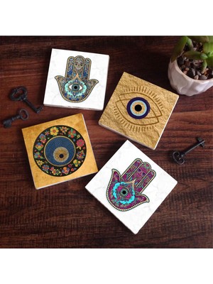 Pinecone Stone Nazar, Fatma Ana Eli (Hamsa) Taş Bardak Altlığı Seti - 4 Parça - Dekoratif, Rustik Mutfak Aksesuarı, 10X10 Cm, Kaydırmaz Tabanlı, Şık ve Dayanıklı SC511