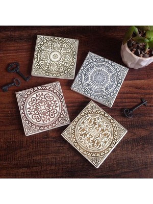 Pinecone Stone Etnik Desen Taş Bardak Altlığı Seti - 4 Parça - Dekoratif, Rustik Mutfak Aksesuarı, 10X10 Cm, Kaydırmaz Tabanlı, Şık ve Dayanıklı SC114