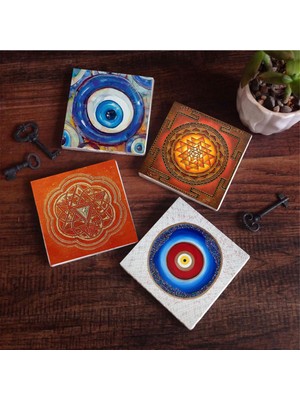Pinecone Stone Nazar, Sri Yantra Taş Bardak Altlığı Seti - 4 Parça - Dekoratif, Rustik Mutfak Aksesuarı, 10X10 Cm, Kaydırmaz Tabanlı, Şık ve Dayanıklı SC383