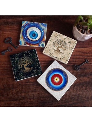 Pinecone Stone Nazar, Hayat Ağacı Taş Bardak Altlığı Seti - 4 Parça - Dekoratif, Rustik Mutfak Aksesuarı, 10X10 Cm, Kaydırmaz Tabanlı, Şık ve Dayanıklı SC377