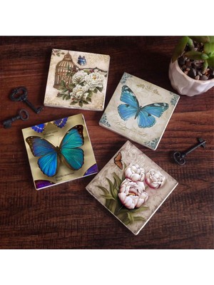 Pinecone Stone Kelebek Taş Bardak Altlığı Seti - 4 Parça - Dekoratif, Rustik Mutfak Aksesuarı, 10X10 Cm, Kaydırmaz Tabanlı, Şık ve Dayanıklı SC453