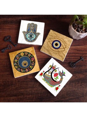 Pinecone Stone Nazar, Şahmeran, Fatma Ana Eli (Hamsa) Taş Bardak Altlığı Seti - 4 Parça - Dekoratif, Rustik Mutfak Aksesuarı, 10X10 Cm, Kaydırmaz Tabanlı, Şık ve Dayanıklı SC510