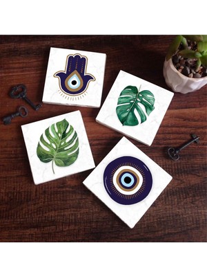 Pinecone Stone Fatma Ana Eli (Hamsa), Nazar, Yaprak Taş Bardak Altlığı Seti - 4 Parça - Dekoratif, Rustik Mutfak Aksesuarı, 10X10 Cm, Kaydırmaz Tabanlı, Şık ve Dayanıklı SC420
