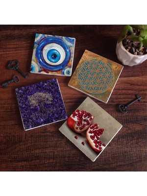 Pinecone Stone Nazar, Yaşam Çiçeği, Hayat Ağacı, Nar Taş Bardak Altlığı Seti - 4 Parça - Dekoratif, Rustik Mutfak Aksesuarı, 10X10 Cm, Kaydırmaz Tabanlı, Şık ve Dayanıklı SC465