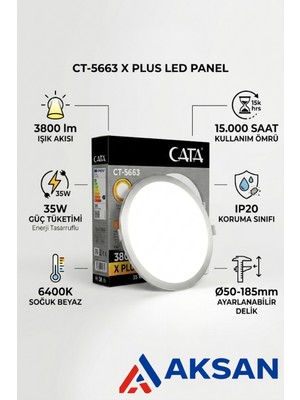 Cata CT-5663 35W Çerçevesiz Ayarlanabilir Delik Çaplı Sıva Altı Yuvarlak LED Panel Spot Armatür 3800 Lümen 6400K Beyaz
