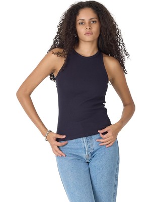 AKS Metalıc Fitilli Regular Fit Normal Kalıp Lacivert Bisiklet Yaka Sıfır Kol Pamuklu Kadın Atlet MTLCB112