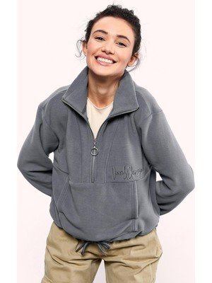 AKS Gri Melanj Yarım Fermuar Etek Ucu Büzgülü Kadın Polar Oversize Sweatshirt - 97171