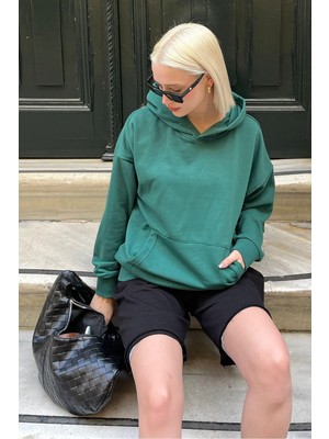 AKS Madmext Koyu Yeşil Kapüşonlu Oversize Cepli Sweatshirt MG2207,KOYU Yeşil L