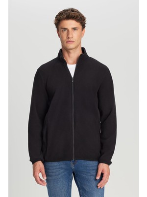 AKS Ac&co/altınyıldız Classics Erkek Siyah Anti-Pilling Tüylenme Yapmayan Standart Fit Bato Yaka Sweatshirt Polar Ceket