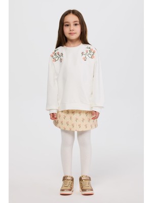 AKS Kız Çocuk Nakış Detaylı Ekru Sweatshirt 8 Yaş (128 Cm)