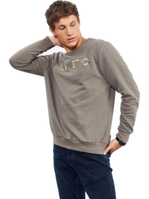 AKS Camel Yazı Nakışlı O Yaka Rahat Form Içi Polarlı Erkek Sweatshirt - 88020