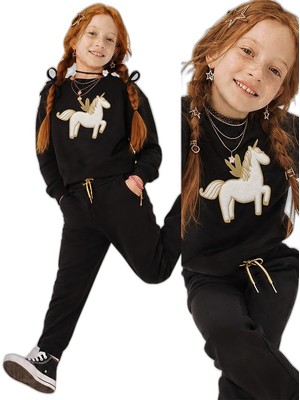 AKS Kız Çocuk Peluş UNICORN%100 Panuk Kalın Siyah Eşofman Takım – Eğlenceli Tasarım (3-8 Yaş)