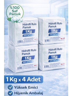 Hidrofil Rulo Pamuk 1 kg x 4 Adet Saf Pamuk Yüksek Emici Medikal ve Kozmetik Kullanım