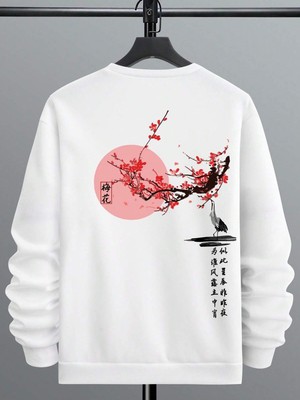 AKS Tarzsokak Floral & Japanese Letter Graphic Sweatshirt Beyaz, Beyaz, L/xl