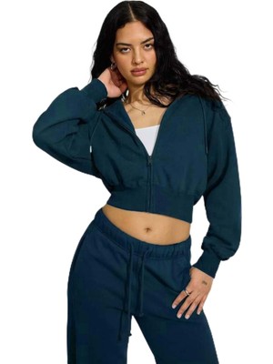 AKS Madmext Lacivert Crop Kapşonlu Fermuarlı Kadın Sweatshirt MG2608,LACIVERT M