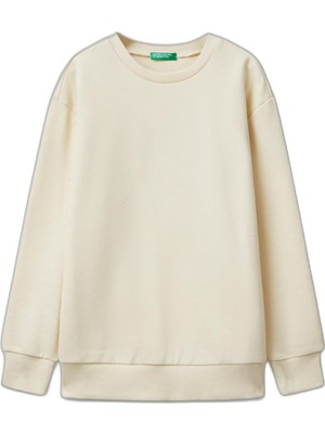 AKS Benetton Erkek Çocuk Krem Baskı Detaylı Bisiklet Yaka Relaxed Fit Sweatshirt