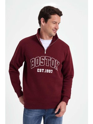 AKS Tudors Erkek Relax Fit Yarım Fermuarlı Baskılı Bordo Sweatshirt, 2xl