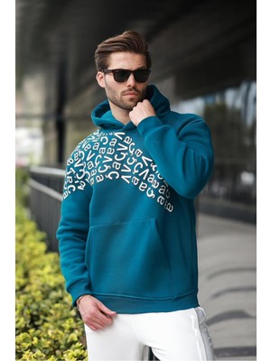 AKS Madmext Petrol Yeşili Baskılı Kapüşonlu Erkek Sweatshirt E7160,PETROL Yeşili Xl