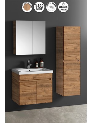 Özceden Çiğdem 55+35 cm Atlantik Çam Mdf Seramik Lavabolu Asma Banyo Dolabı Takımı