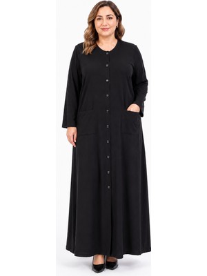 Bihan Store Kadın Önü Düğmeli Torba Cepli Tam Boy Uzun Kollu Sıfır Yaka Dış Giyim W27-8006 - Siyah
