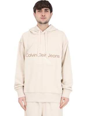 AKS Calvin Klein Wash Monologo Hoodie Erkek Sweatshirt, Bej, L