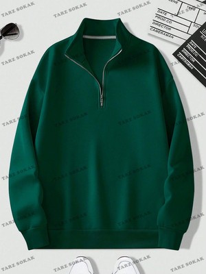 AKS Tarzsokak Y2K Yarım Fermuarlı Bay Sweatshirt Yeşil, YEŞIL-131, S