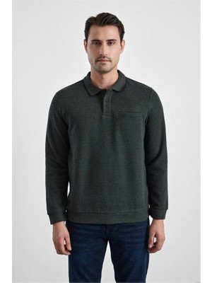 AKS Haki Regular Düz Fermuarlı Polo Yaka Sweatshirt