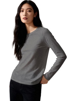 AKS Gri Melanj O Yaka Standart Fit Uzun Kollu Basic Kadın T-Shirt - 97312