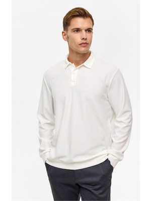 AKS Beyaz Regular Düz Fermuarlı Polo Yaka Sweatshirt