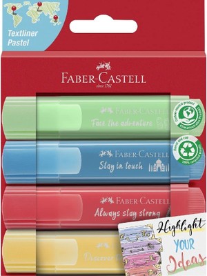 AKS Faber-Castell Fosforlu Kalem Seti, 4’lü, Pastel Renkler, Su Bazlı Mürekkep, Kesik Uç, 3 Farklı Çizgi Kalınlığı, Uzun Ömürlü