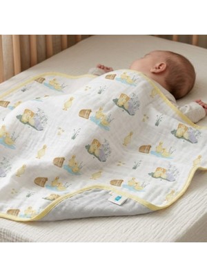 AKS Deux Lapıns% 100 Pamuk Çift Kat Müslin Battaniye – 65×65 cm Petits Caneton - Yavru Ördek Desenli CKTHROW-1020
