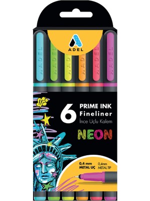 AKS Adel Prime Ink Fineliner 6'lı Neon Klasik Ince Uçlu Kalem