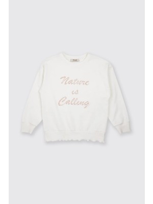 AKS Panço Kız Çocuk Nakış Detaylı Ekru Sweatshirt