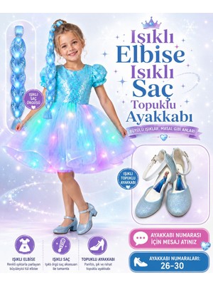 Bemora Kids Payetli Mavi Işıklı Elbise Işıklı Saç Elsa Mavi Topuklu Ayakkabı 3 Lü Takım Kostüm Elsa Prenses Düğün Bayram Parti Doğum Günü Özel Gün