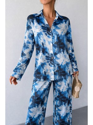 Mass Fashion Kadın Desenli Saten Gömlek ve Pantolon Takım