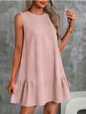 Nake Butik Sıfır Yaka Kolsuz Etek Ucu Fırfırlı Sırtı Fermuarlı Mini Elbise