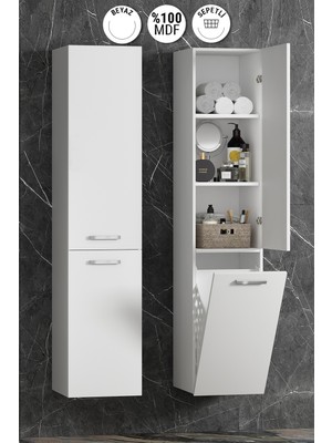 Özceden Yeni Boy 35*167 cm Beyaz Mdf Sepetli Asma Banyo Boy Dolabı