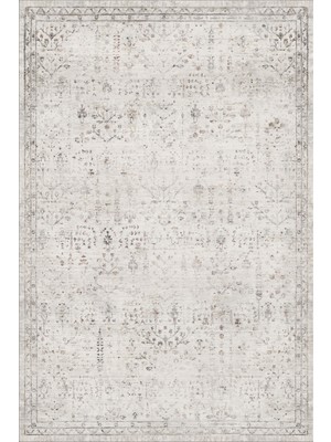 Saraz Halı Vintage Krem Gri Antik Çerçeve Desenli Baskı Şönil Halı Kaymaz Taban Salon, Oturma Odası ve Yatak Odası Halısı SH02