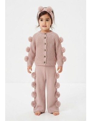 Meriç Bebe Ponpon Detaylı Hırkalı Pantolonlu ve Saç Bandlı Triko 3\'lü Takım