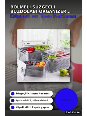 sbodurhome Bölmeli Süzgeçli 3 Parça Buzdolabı Organizer Seti 2.5-5-9 Litre Kilitli Kapak BX-313436